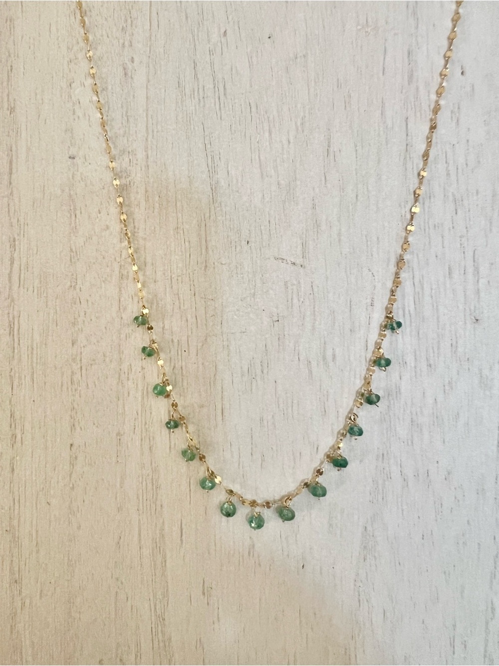 14K Gold Necklace with Small Green Emerald Gemstone Drops - Picture 2 of 5